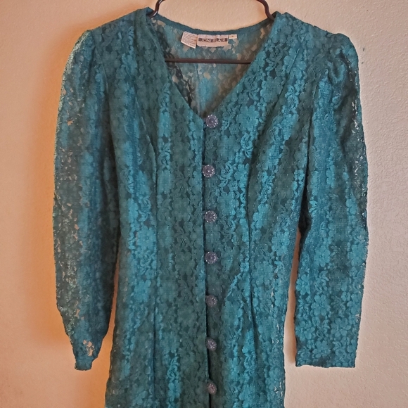Vintage 70s Green Lace Button Sheer Boho Dress - Picture 2 of 6